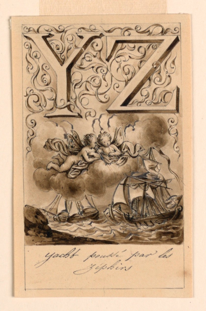 Design för bokstäverna Y och Z i en primer: Yacht/Zéphir (Yachts driven av Zephyrs) av Victor Vincent Adam