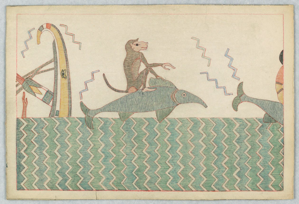 Apan och delfinen, illustration till Aesops fabler av Victor Wilbour