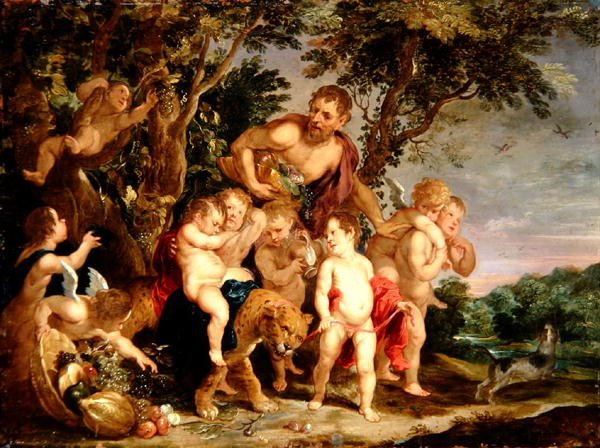 A Bacchanal in a Wooded River Landscape (olja på koppar) av Victor Wolfvoet