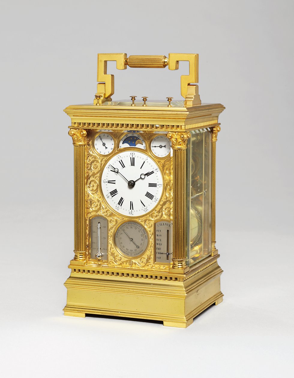 Fransk mässing grande sonnerie åtta dagars vagnklocka med full kalender, månfas, barometer och termometer, ca 1880 av Victorien Boseet