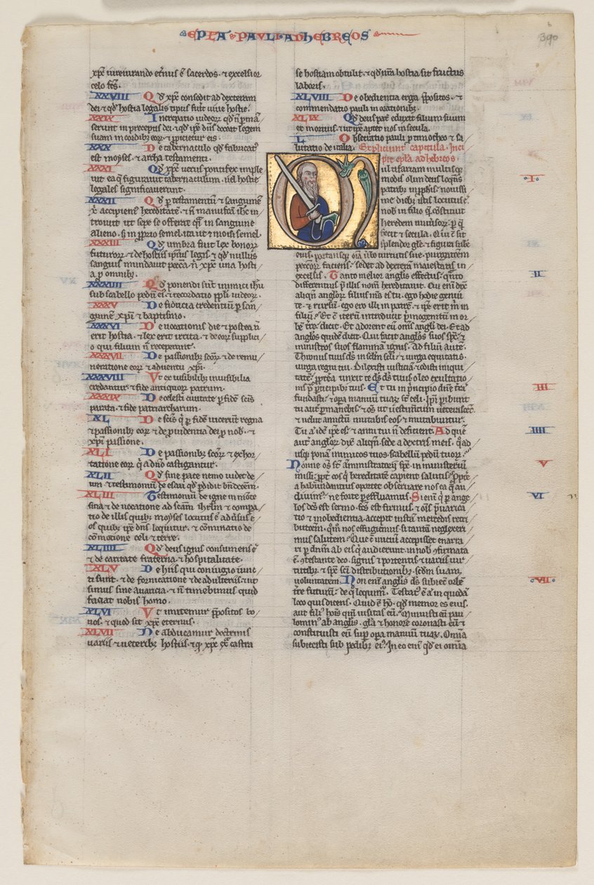 Blad med initial från en latinsk bibel: Initial M: St. Paul med ett svärd och en bok av Vienna Moralized Bible Workshop