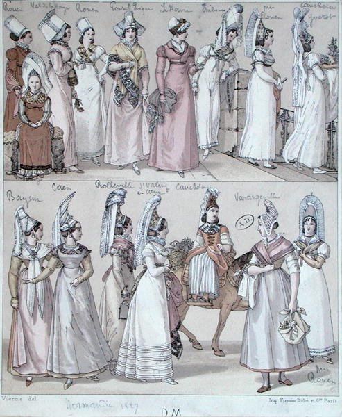 Traditionella dräkter i Normandie, ca 1830 (färg litho) av Vierne (after)