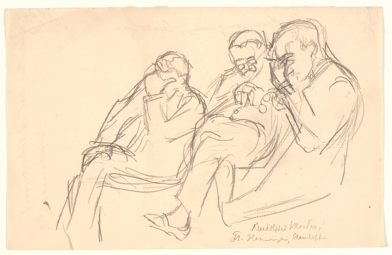 Figurskiss. Tre sittande män: Fr. Henningsen, Aarsleff och P. Johansen av Viggo Johansen