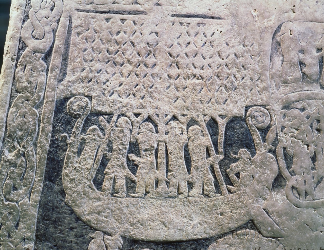 Detalj av en bildsten föreställande den avlidnes sista resa, från Gotlandsstenen av Viking