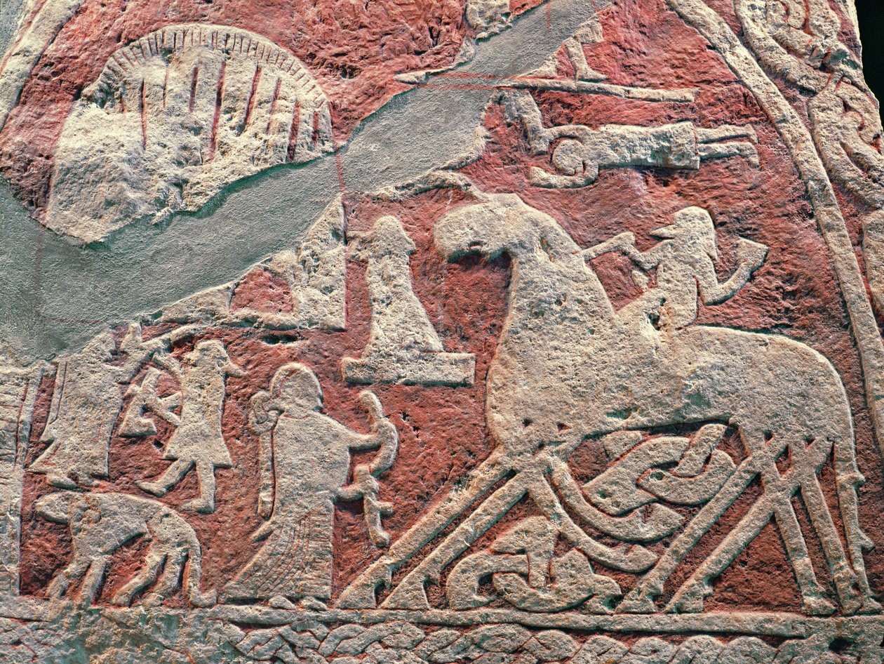 Detalj av figurer som illustrerar en saga, från Gotlandsstenen av Viking