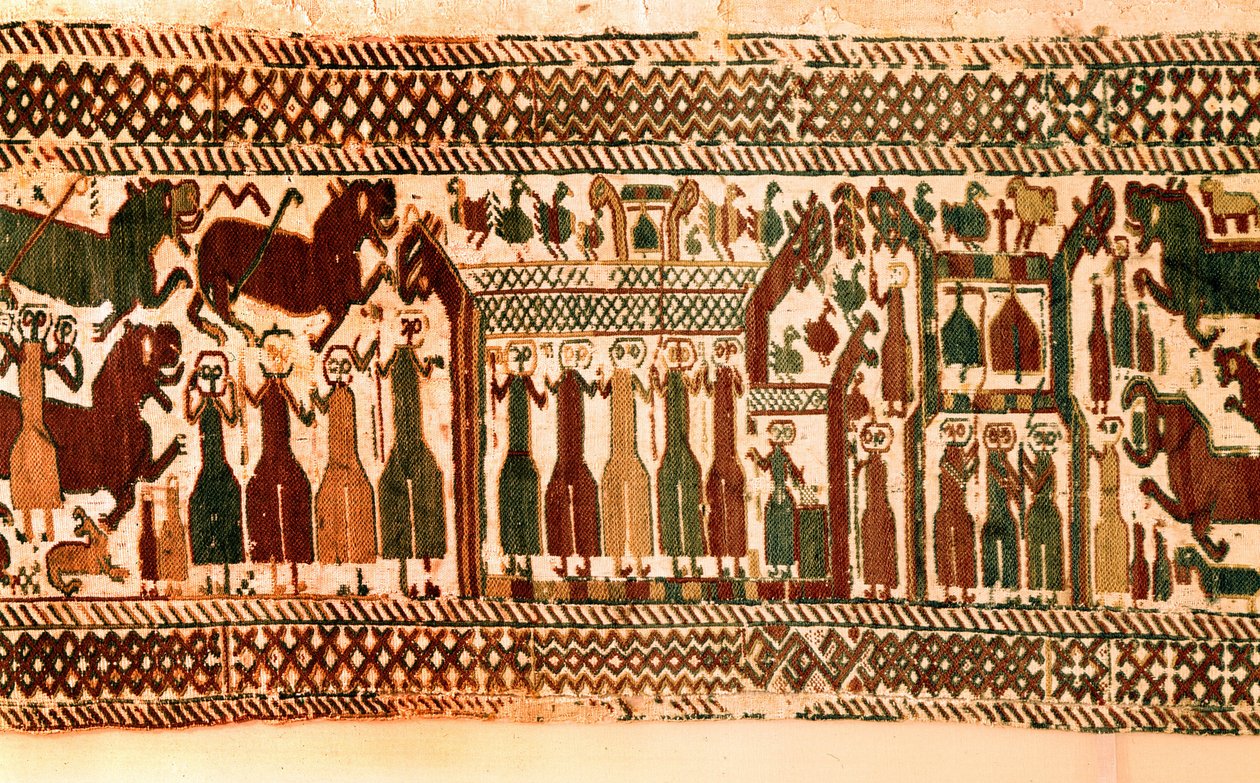 Viking: sångare och klockare. Gobeläng av Skogs kyrka, Mocka, sent 1100-tal. Stockholm, historiska museet av Viking