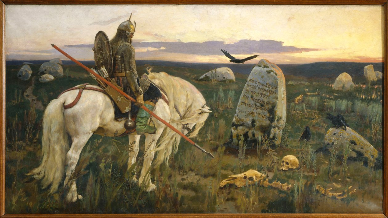    nEnglish: Vityaz at the CrossroadsnFrancais : Le Chevalier a la Croisee des Cheminsn av Viktor Mikhaylovich Vasnetsov
