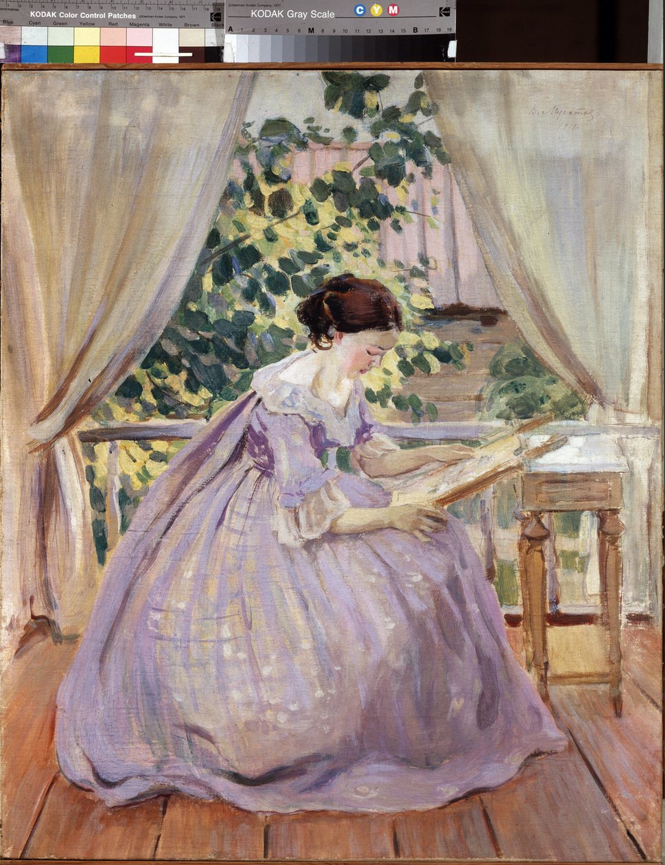 ""La brodeuse"" (broderinna) Peinture de Viktor (Victor) Elpidiforovich Borisov-Musatov (Borisov Musatov) (1870-1905) 1901 Ryska statens museum, Sankt Petersbourg av Viktor Elpidiforovich Borisov Musatov