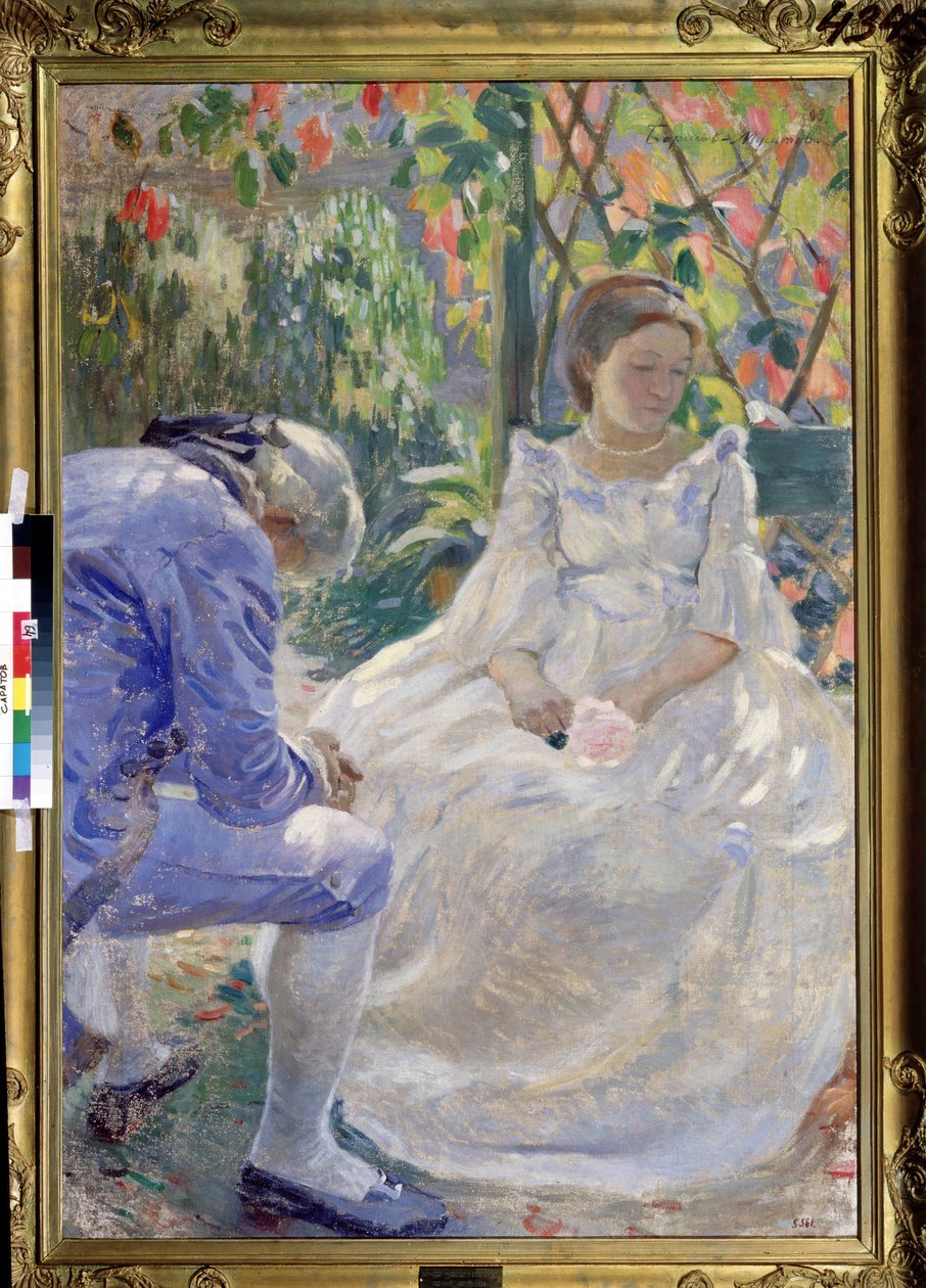 ""Höstens melodi"" (En höstlåt). Galant scen mellan en man och en kvinna som håller en blomma i handen. De är klädda i 1700-talsmode och verkar ledsna (uppbrott?). Målning av Viktor (Victor) Elpidiforovich Borisov av Viktor Elpidiforovich Borisov Musatov
