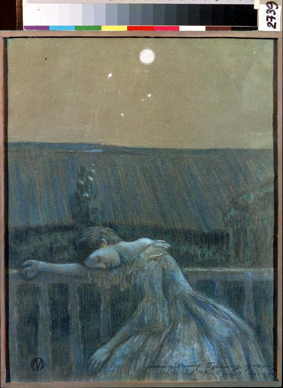 ""Sorgen"" (Sorrow) En desperat ung flicka lutad mot ett räcke. Akvarell och pastell av Viktor (Victor) Elpidiforovich Borisov-Musatov (Borisov Musatov) (1870-1905) (symbolism) 1903 Statens museum för historia och konst Serpukhov (Serpukhov). av Viktor Elpidiforovich Borisov-Musatov