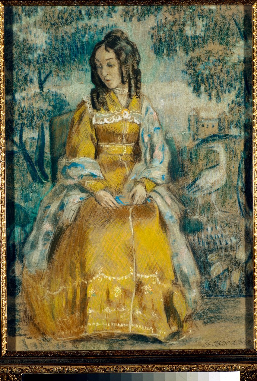 Porträtt av Nadezhda Stanyukovich framför en gobeläng, fundersam, iklädd en krinolinklänning - Teckning av Viktor (Victor) Elpidiforovich Borisov-Musatov (Borisov Musatov) (1870-1905) av Viktor Elpidiforovich Borisov Musatov