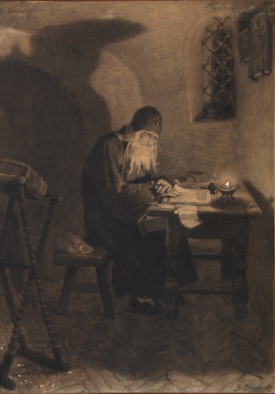 Pimen. Illustration till dramat Boris Godunov av A. Pushkin av Viktor Mikhaylovich Vasnetsov
