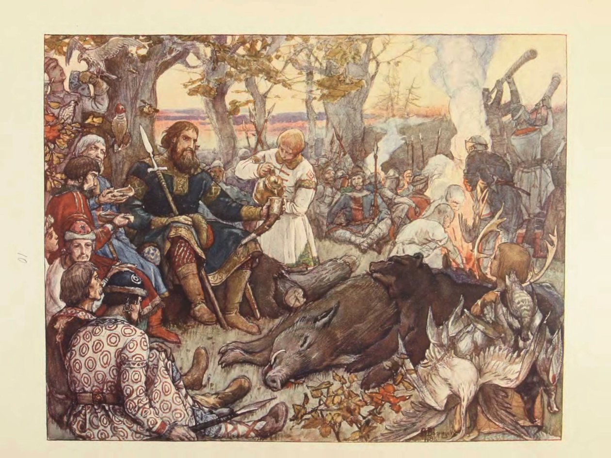 Resten av storprins Vladimir II Monomakh på jakt. Den kejserliga jakten i Ryssland av N. Kutepov, av Viktor Mikhaylovich Vasnetsov