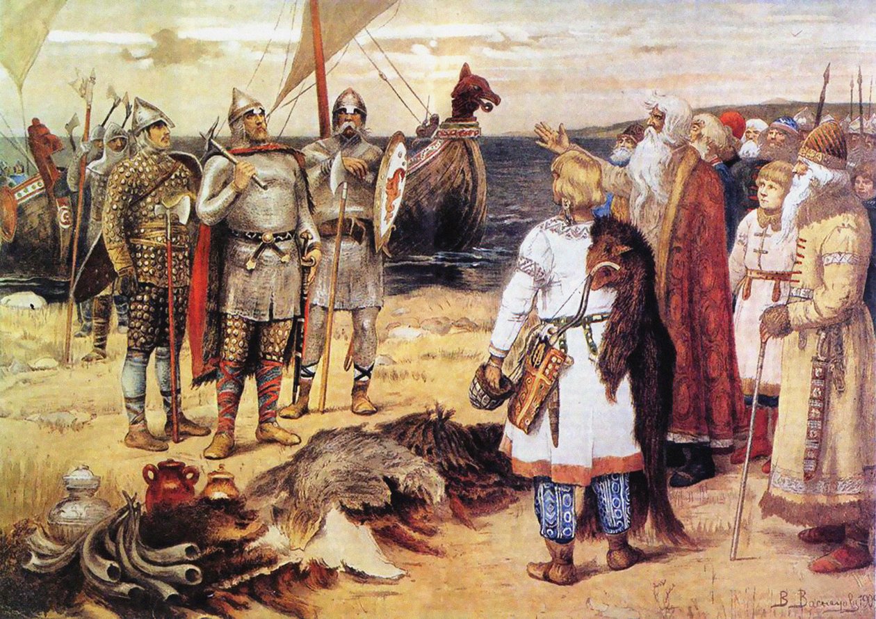 Varangians inbjudan: Rurik och hans bröder anländer till Staraya Ladoga, före 1912 av Viktor Mikhaylovich Vasnetsov