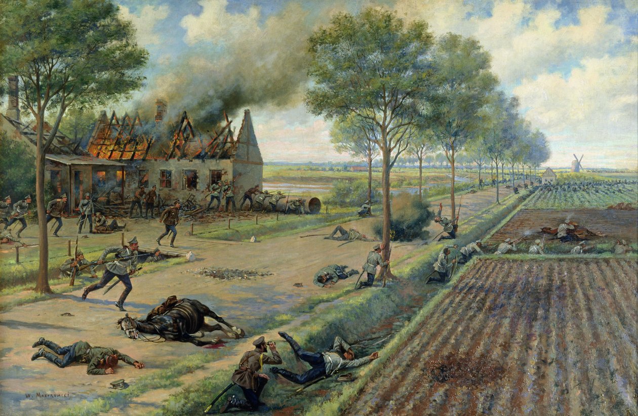 Det ryska kavalleriet slåss mot tyskarna i en by 1915, ca 1915-16 (olja på duk) av Viktor Viketyevich Masurovsky