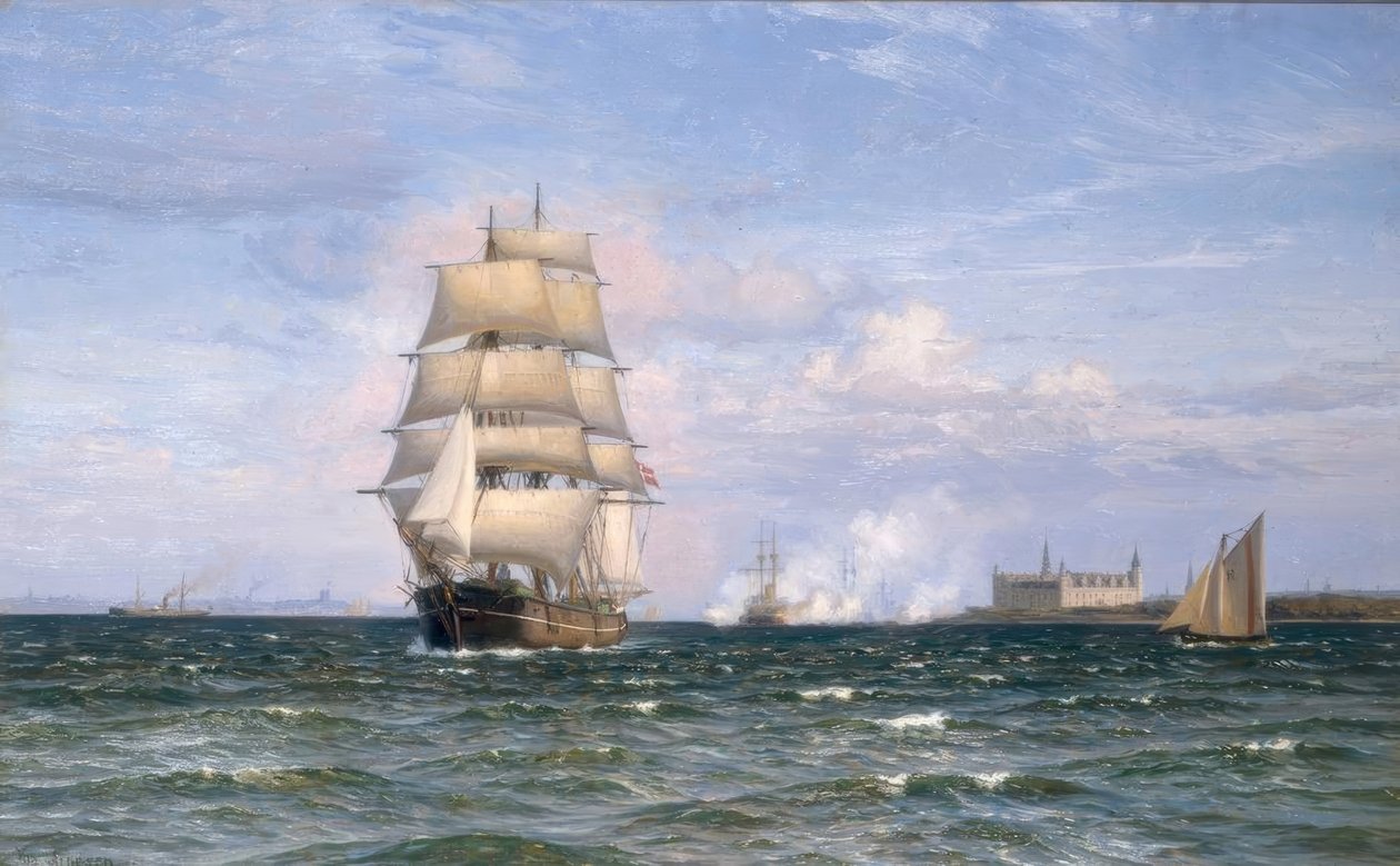 Dansk pråm framför Kronborgs slott och Helsingör i fjärran av Vilhelm Arnesen