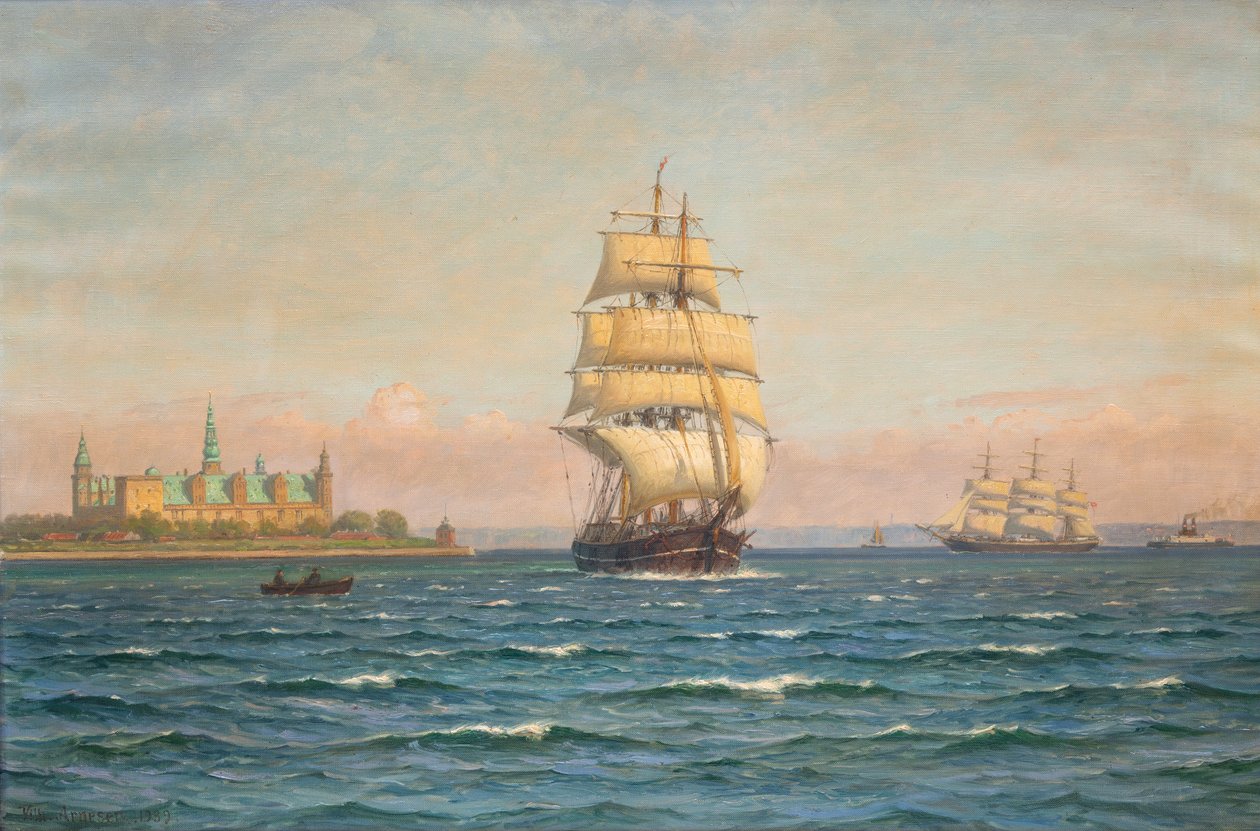 Segelfartyg och en färja utanför Kronborg. av Vilhelm Arnesen