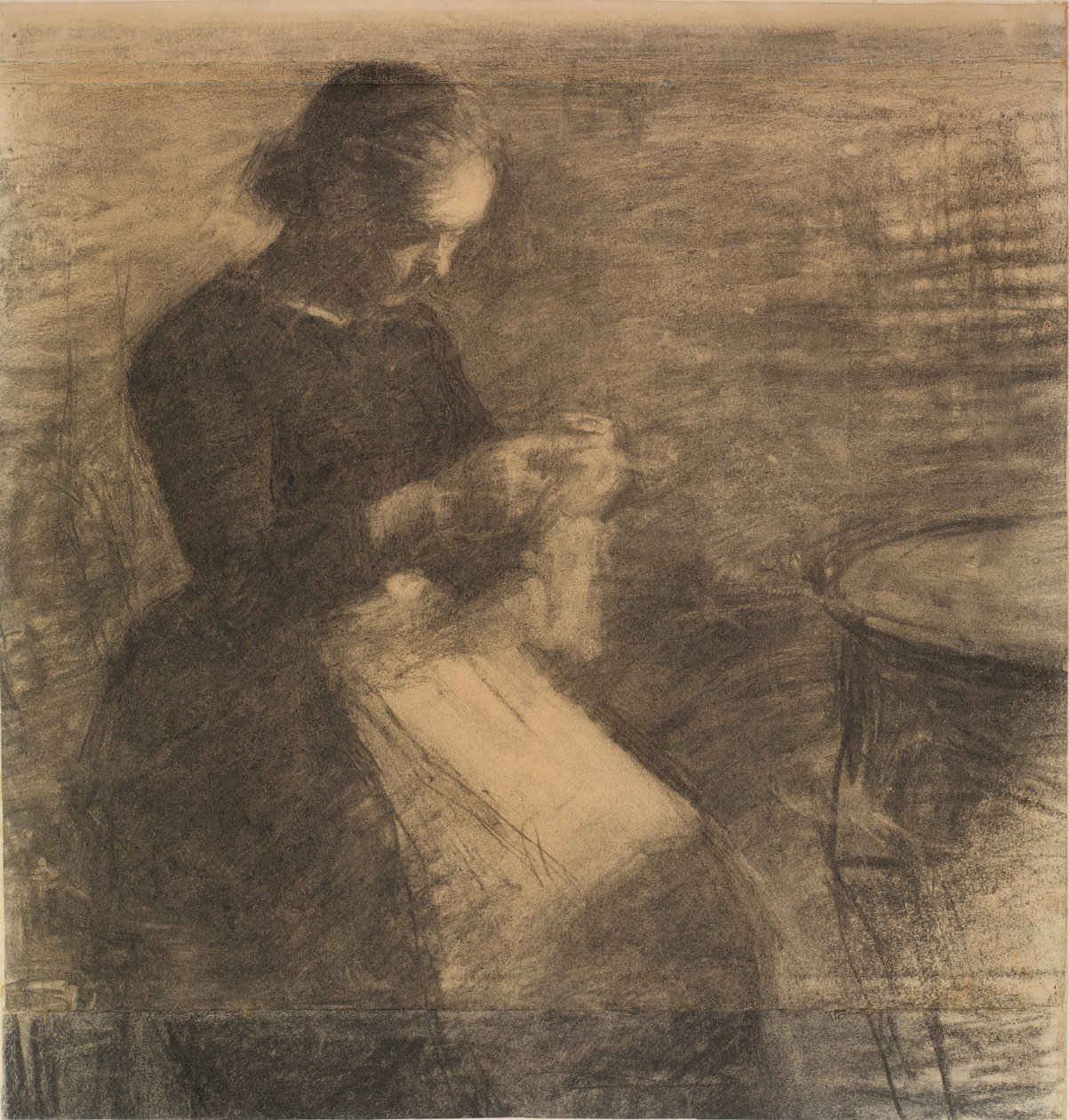 Porträtt av Ida Hammershøi med handarbete av Vilhelm Hammershøi