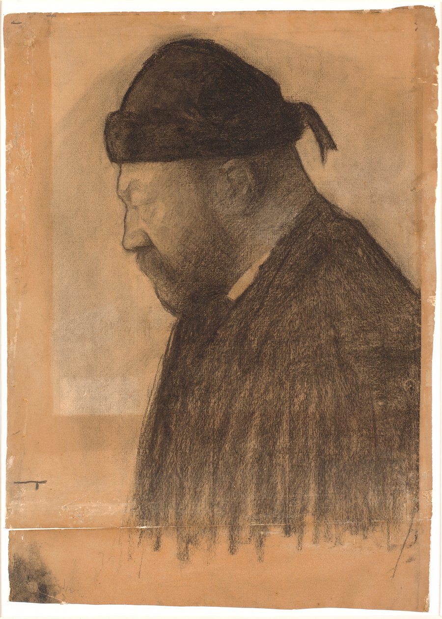 Porträtt av Thorvald Bindesbøll i profil till vänster av Vilhelm Hammershøi