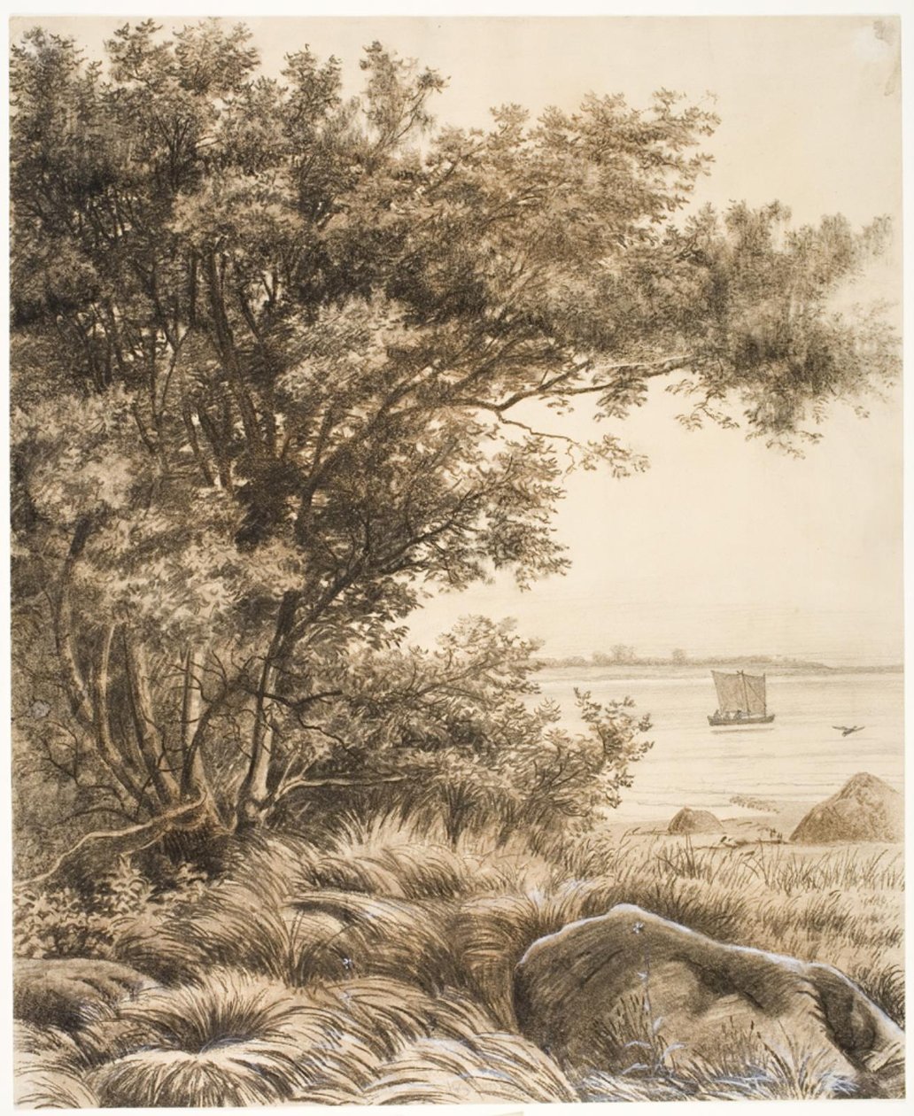 Kustlandskap med höga träd. Motiv från Esrum sjö av Vilhelm Kyhn