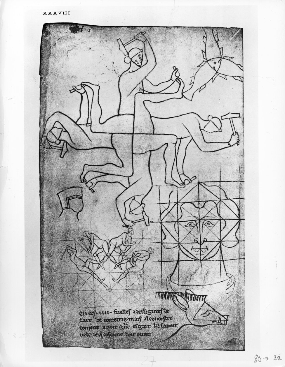 Faksimilkopia av Ms Fr 19093 fol.19v Studier av människor och djur av Villard de Honnecourt