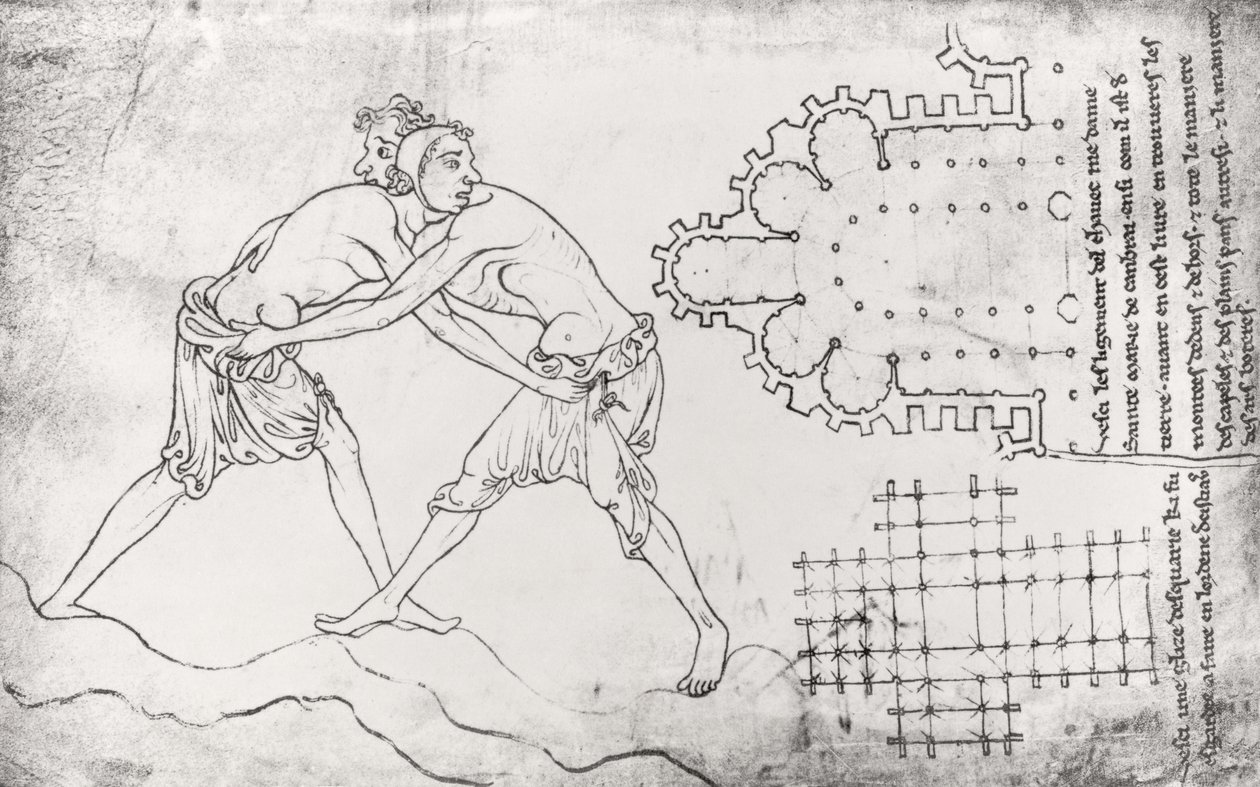 Ms.Fr.19093 fol.14v Två brottare, plan över en cistercienserkyrka och plan över Notre-Dame de Cambrais kör (faksimilkopia) av Villard de Honnecourt