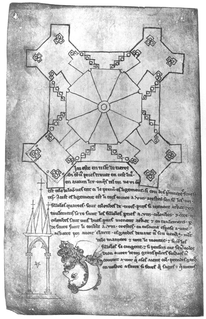 Ms 19093 fol.9v Faksimilkopia av en plan över tornet i Laon-katedralen, huvudet på en skäggig man och ett gotiskt fönster av Villard de Honnecourt