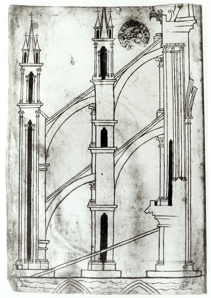 Ms Fr 19093 f.32v Sektion av väggen och bågen av absidiska kapellen i Reims katedral (faksimilkopia) av Villard de Honnecourt