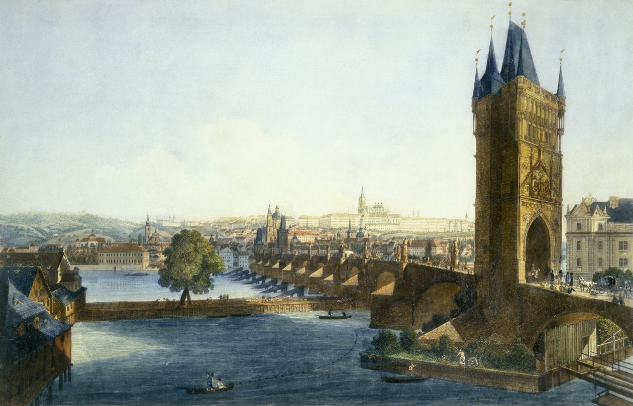Vy över Prags slott och de små kvarteren från sydväst, 1836 (färgad akvatint) av Vincenc and Richter, Carl August Morstadt