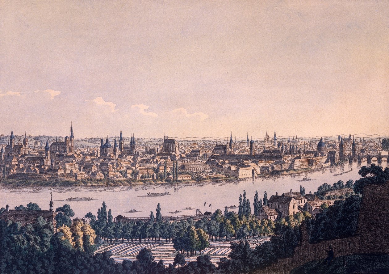 Gamla och nya städer i Prag (färgad etsning) av Vincenc Morstadt
