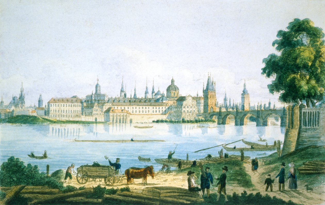 Vy över Prag från de små kvarteren, 1830 (färgad etsning) av Vincenc Morstadt