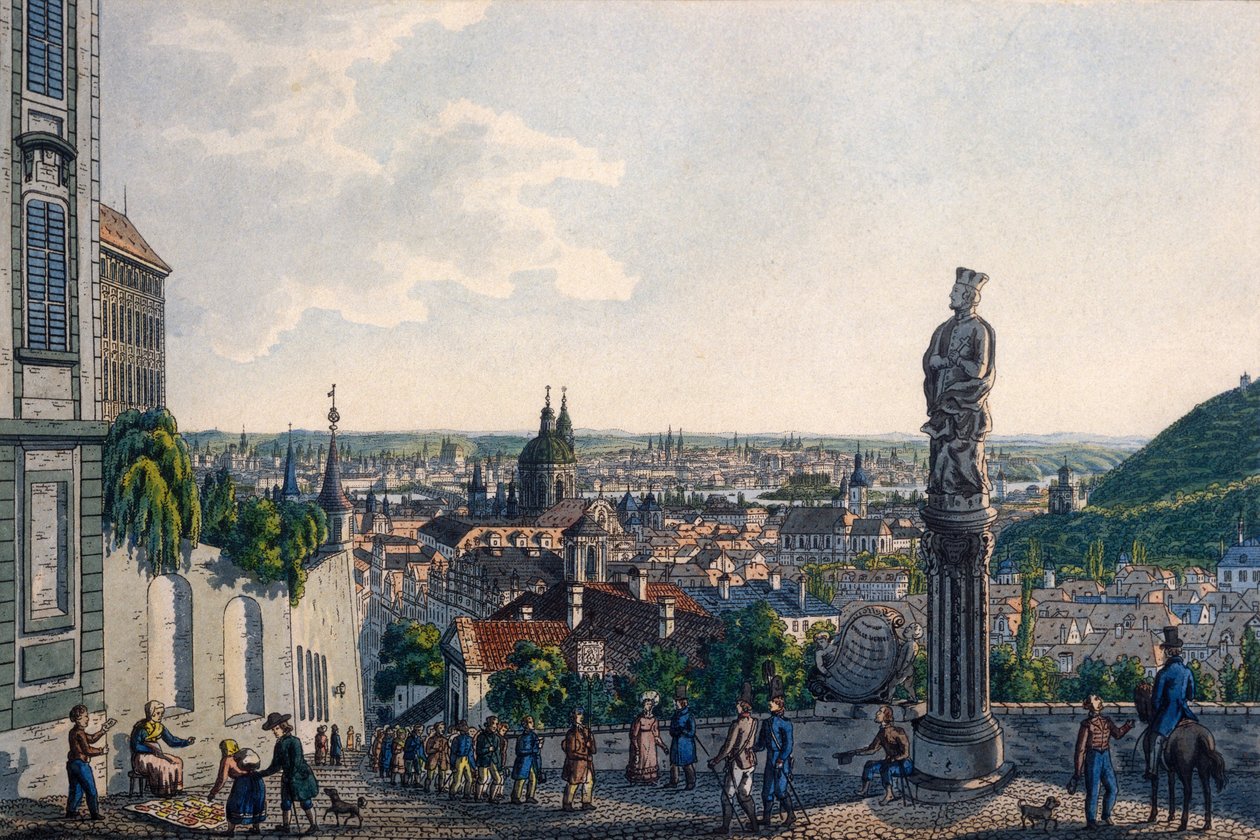 Utsikt över Prag från New Castle Steps, 1835 (färgad etsning) av Vincenc Morstadt