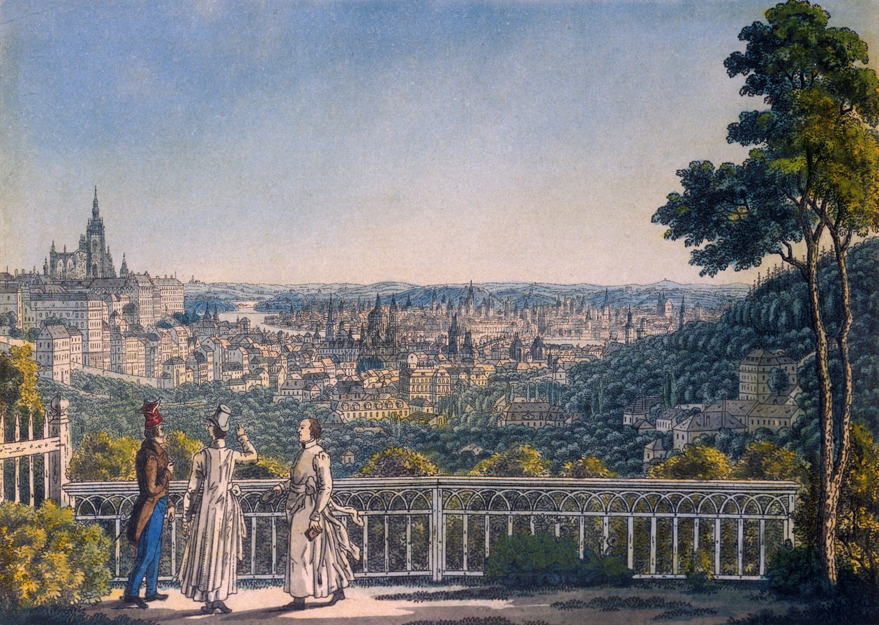 Utsikt över Prag från Strahov-klostrets trädgård, 1835 (färgad etsning) av Vincenc Morstadt