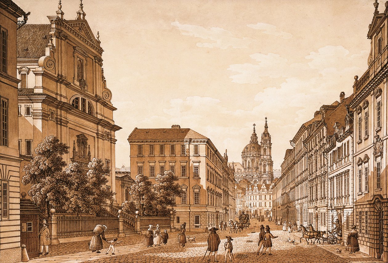 Utsikt över Karmelitská-gatan mot St. Nicholas-kyrkan, Prag (penna och bläck med wc på papper) av Vincenc Morstadt