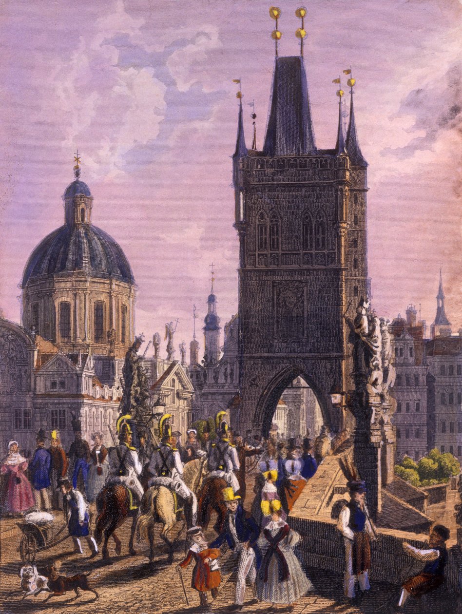 Utsikt över Gamla Stans Bridge Tower från Karlsbron, 1847 (färgad stålstick) av Vincenc Morstadt