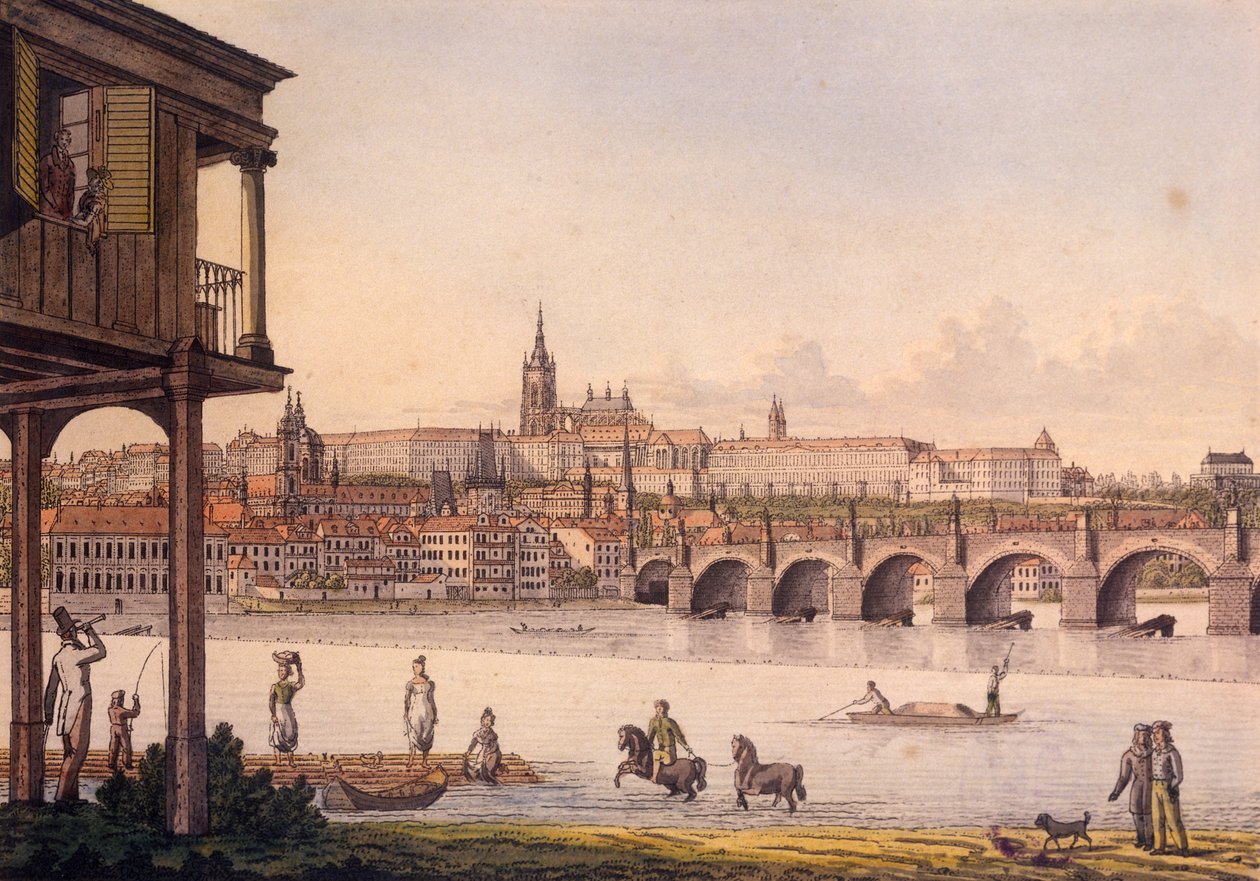 Utsikt över de små kvarteren och Pragborgen Hradcany från Papoueks bad, 1825 (färgad etsning) av Vincenc Morstadt