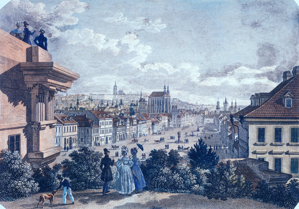 Hästmarknad på Vaclavplatsen, Prag, 1835 (färgad stålstick) av Vincenc and Geissler, F. Morstadt