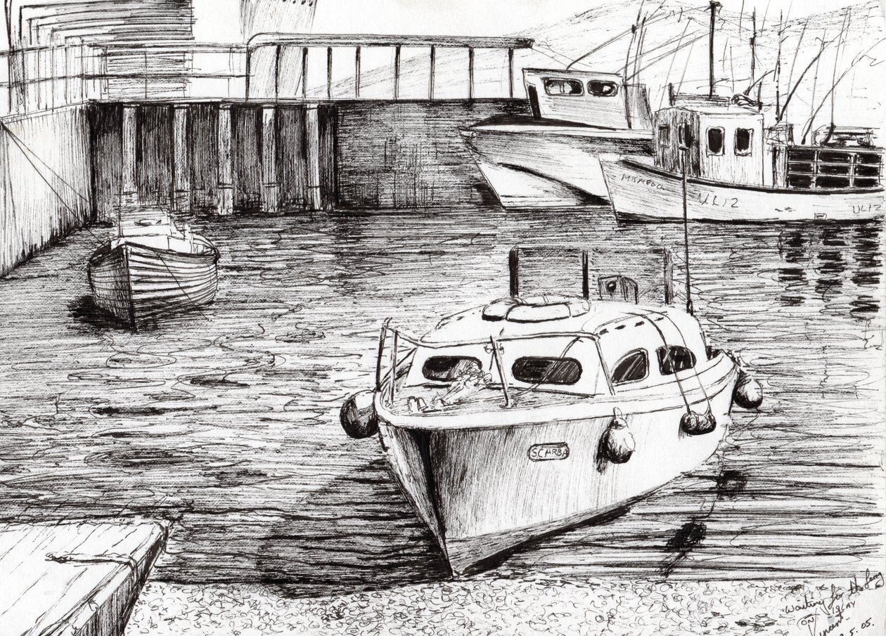 Boats at Islay Scotland, 2005, (bläck på papper) av Vincent Alexander Booth