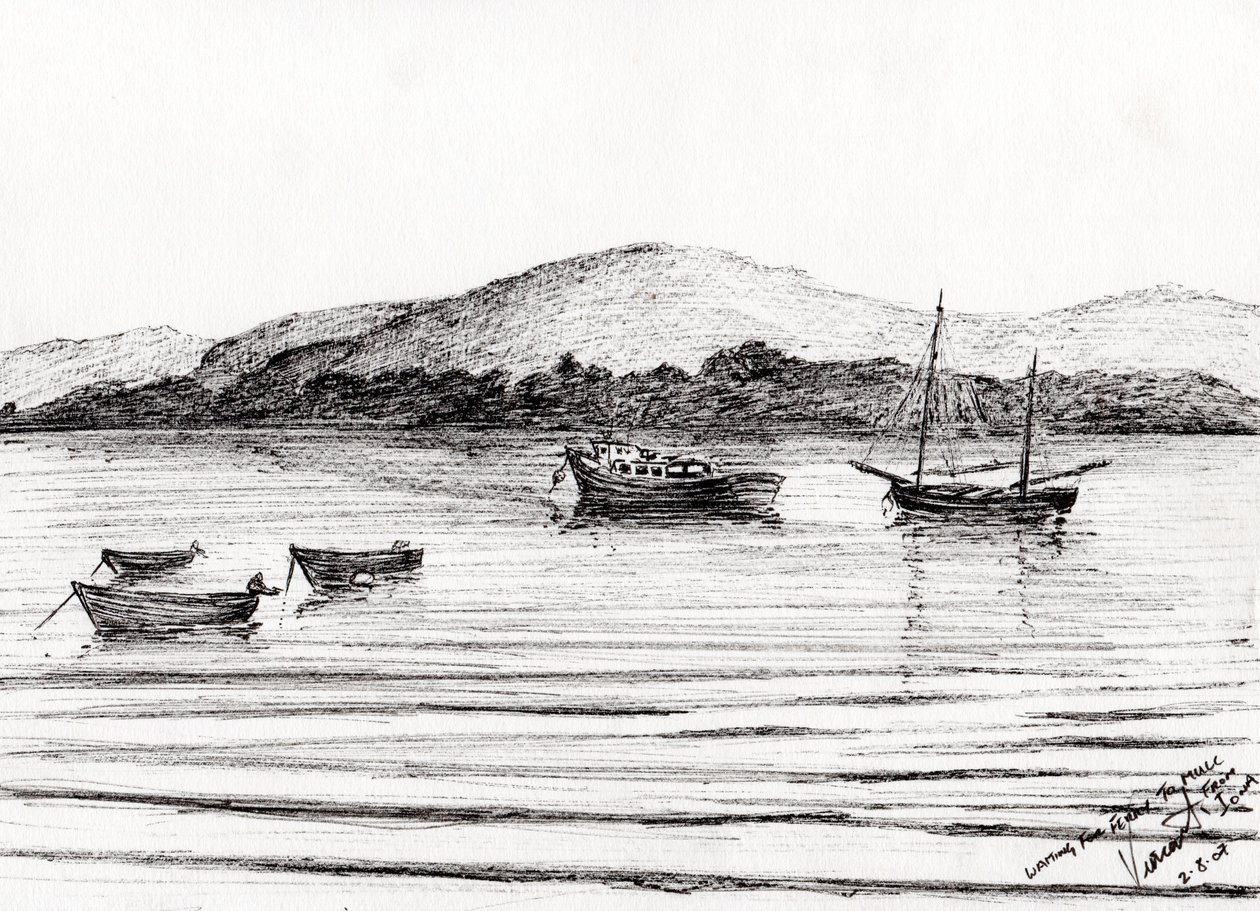Boats off Iona, 2007, (bläck på papper) av Vincent Alexander Booth