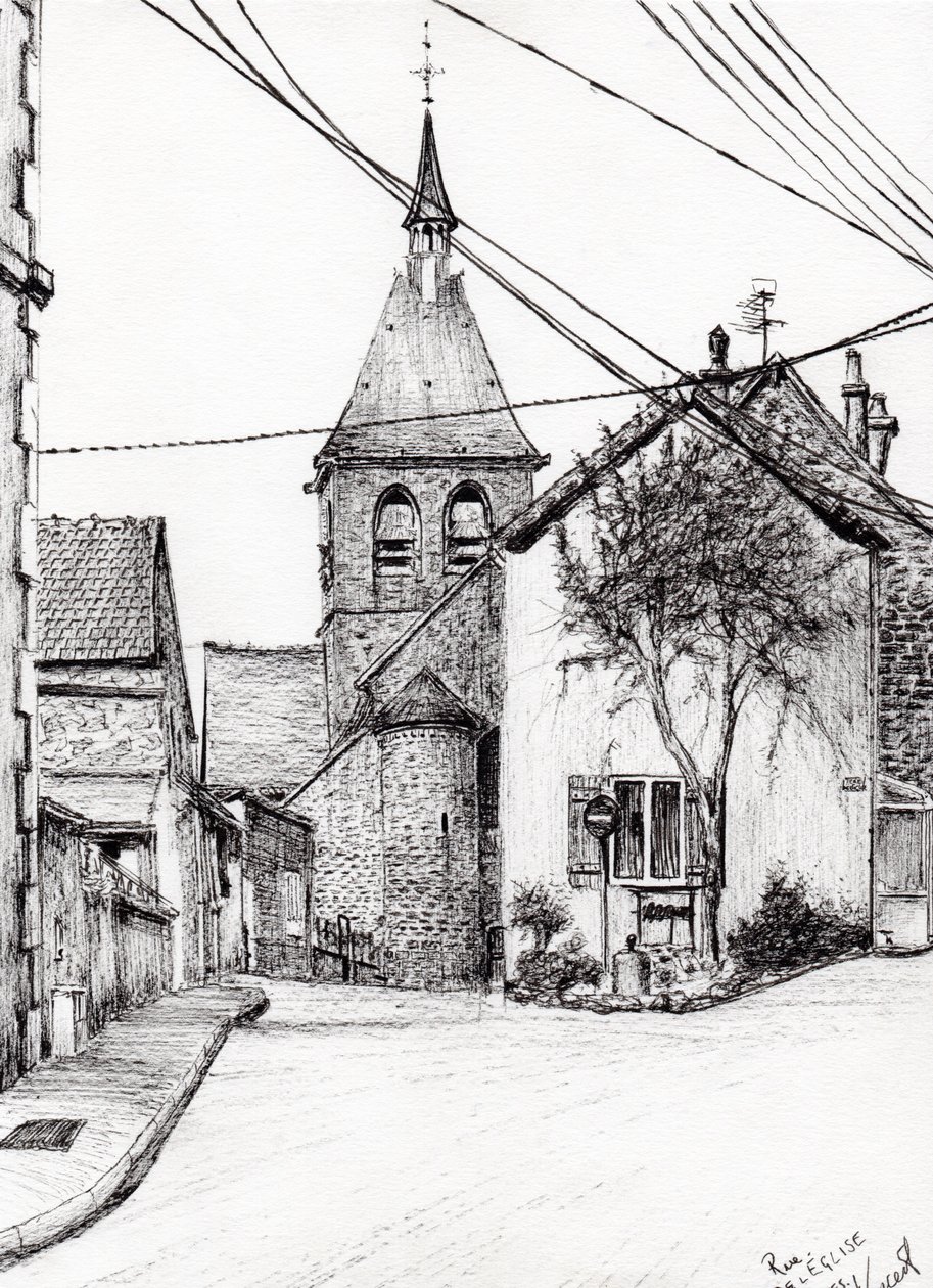 Kyrka i Laignes Frankrike, 2007, (bläck på papper) av Vincent Alexander Booth