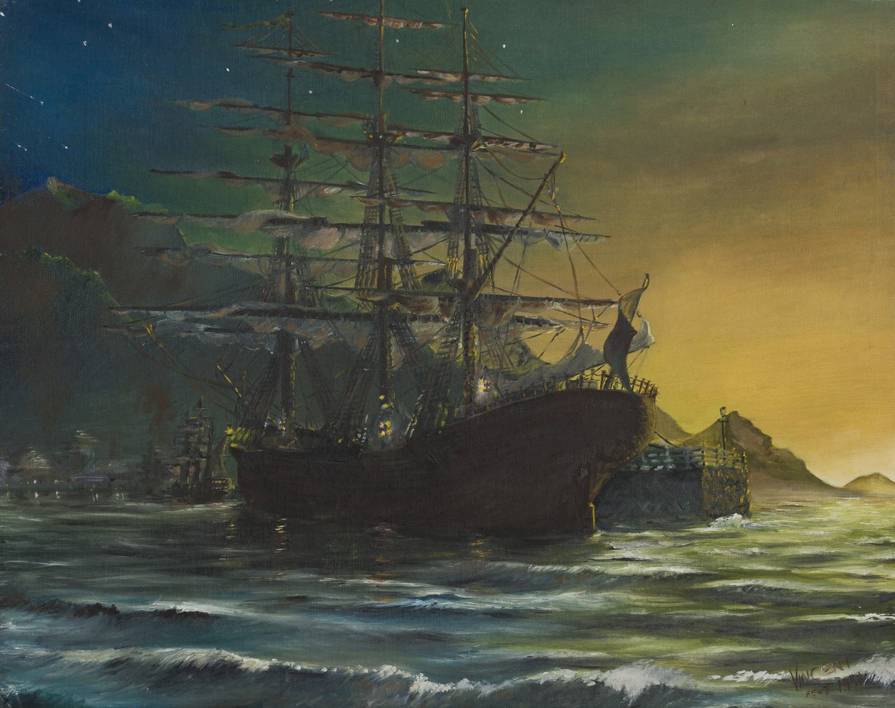 Clipperskepp i hamn 1860-talet, 1991, (olja på dukskiva) av Vincent Alexander Booth