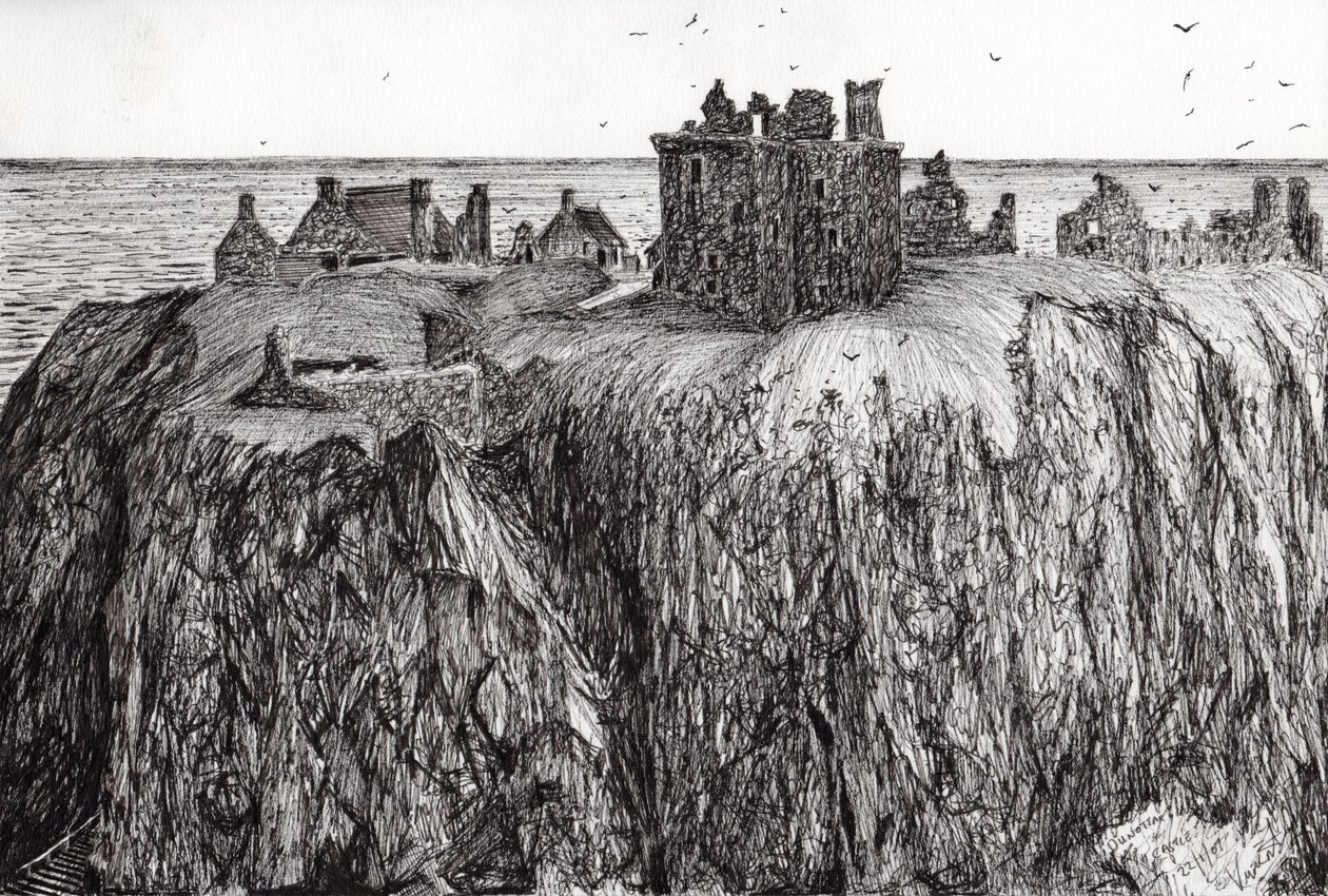 Dunnottar Castle, 2007, (bläck på papper) av Vincent Alexander Booth