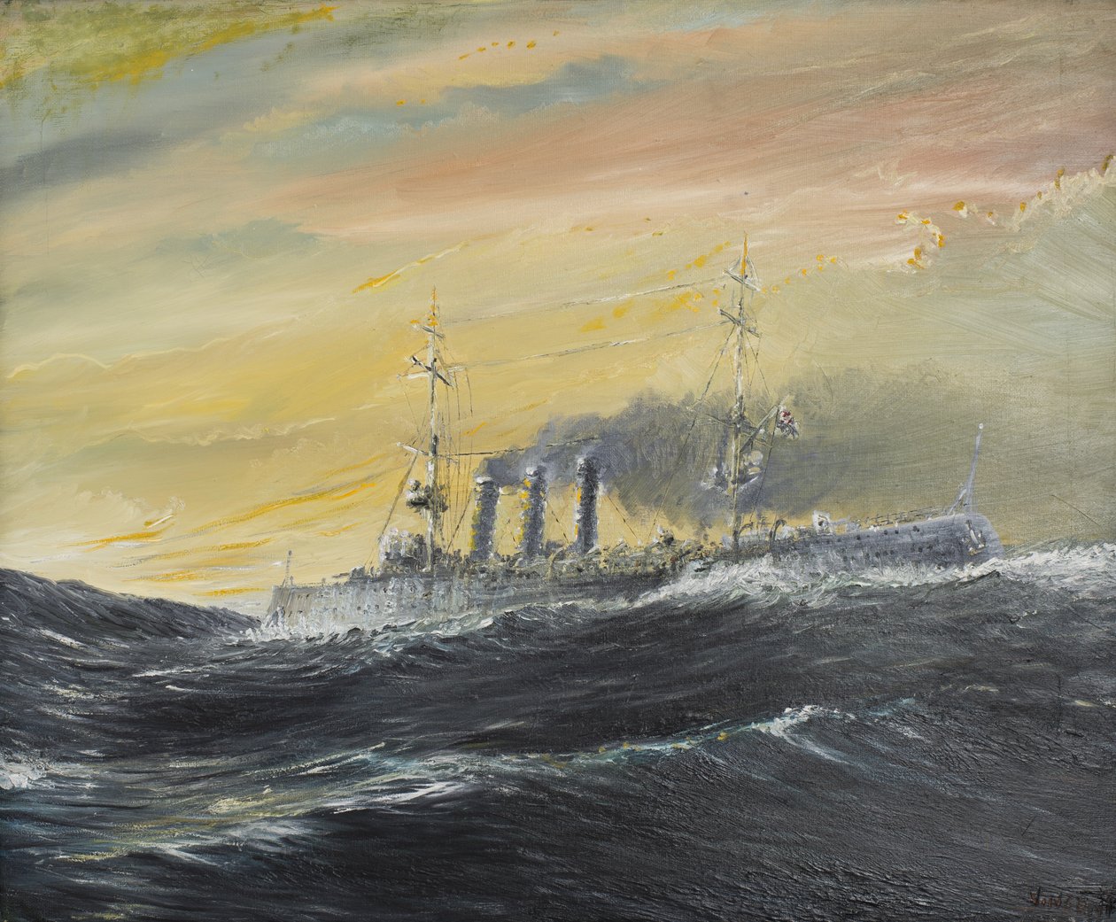 Emden rider på vågorna i Indiska oceanen 1914, 2011, (Olja på duk) av Vincent Alexander Booth