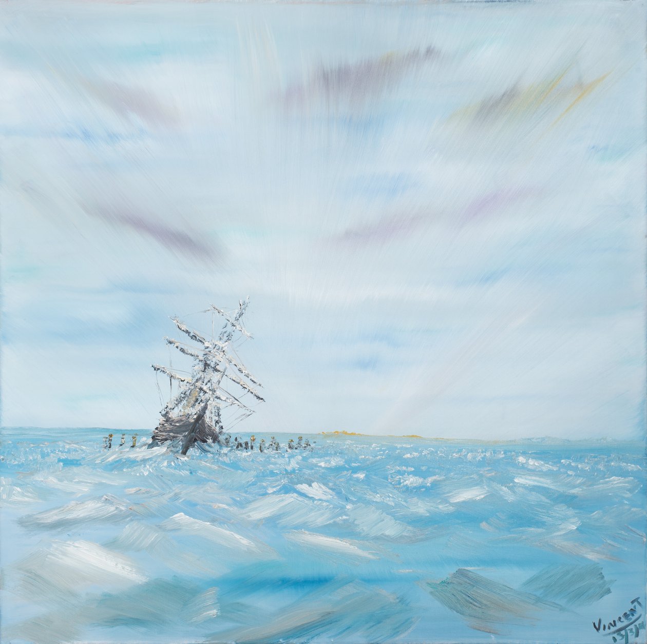 Endurance fångad av Antarktis is, 2014, (olja på duk) av Vincent Alexander Booth