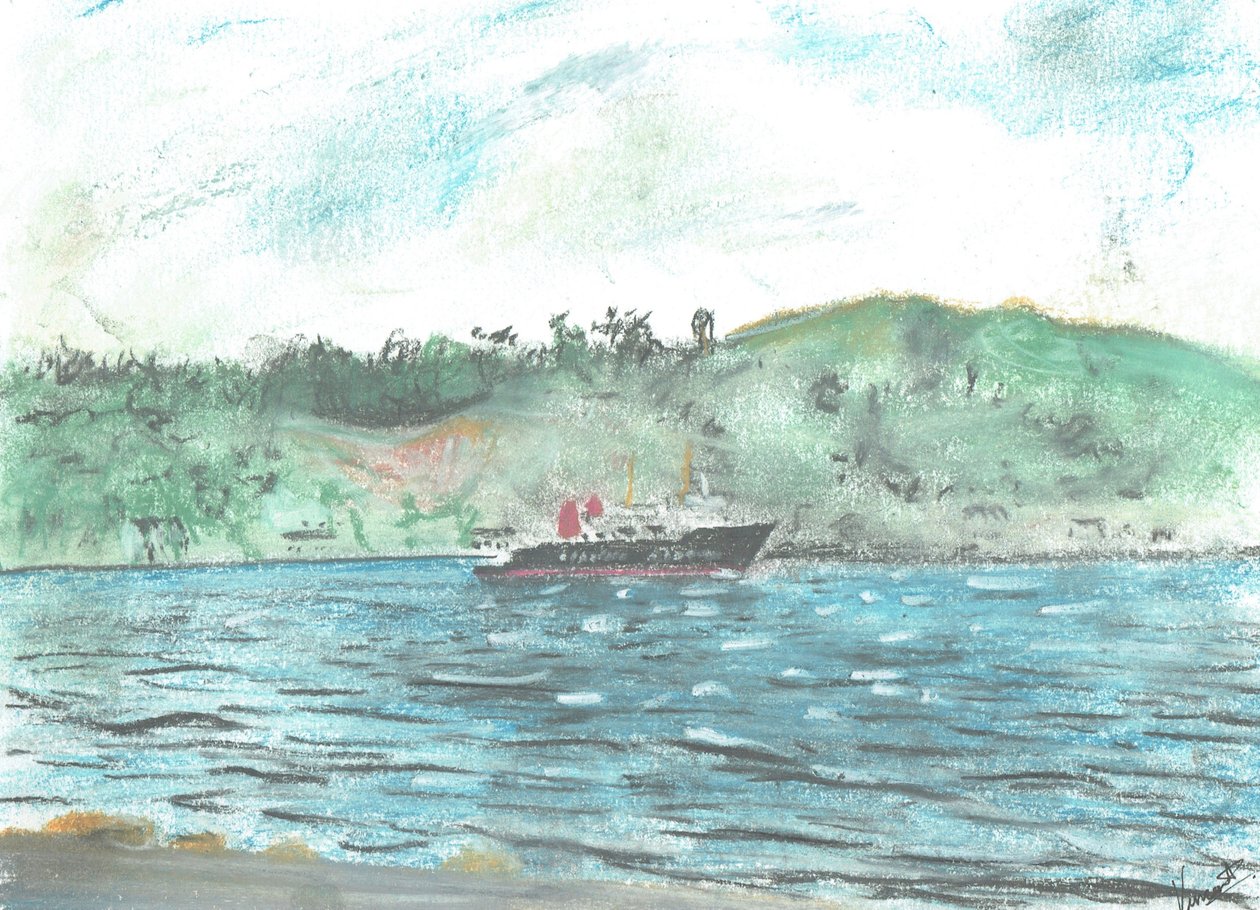 Färja till Isle of Jura, 2005, (pastellfärger på papper) av Vincent Alexander Booth
