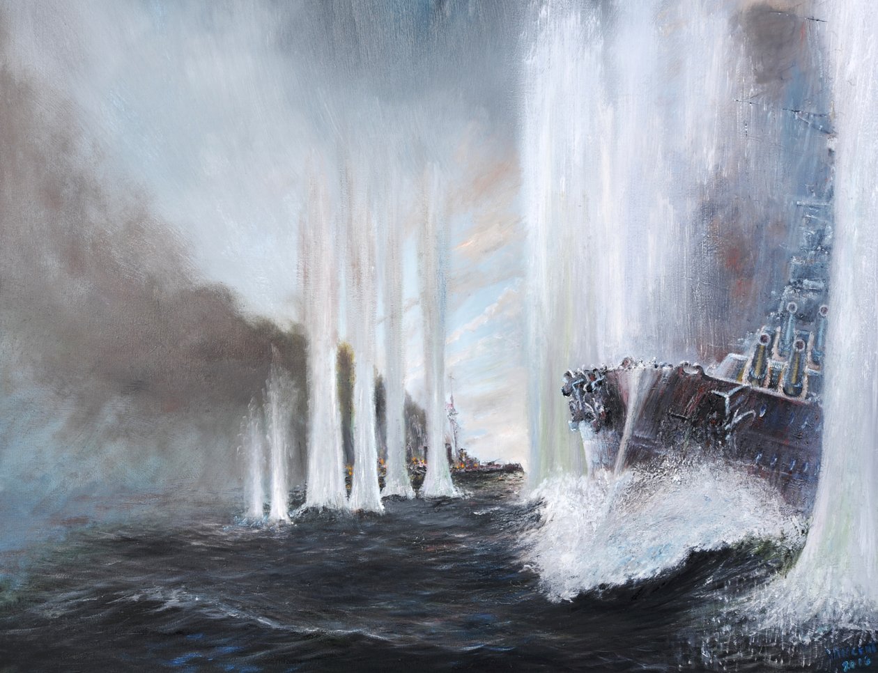 HMS Warspite cirklar HMS Warrior på Jylland, 31 maj 1916, 2018, av Vincent Alexander Booth