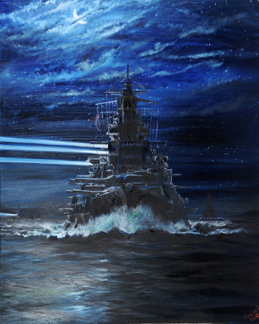 IJN Hiei och Akatsuki lyser upp USS Atlanta, Guadalcanal 1942, 2018, av Vincent Alexander Booth