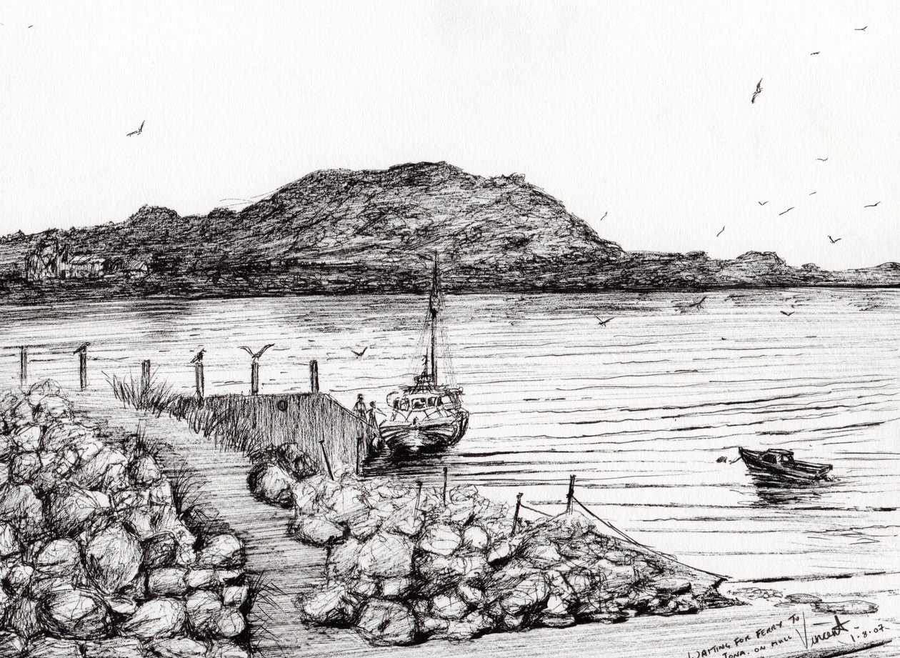 Iona från Mull Scotland, 2007, (bläck på papper) av Vincent Alexander Booth