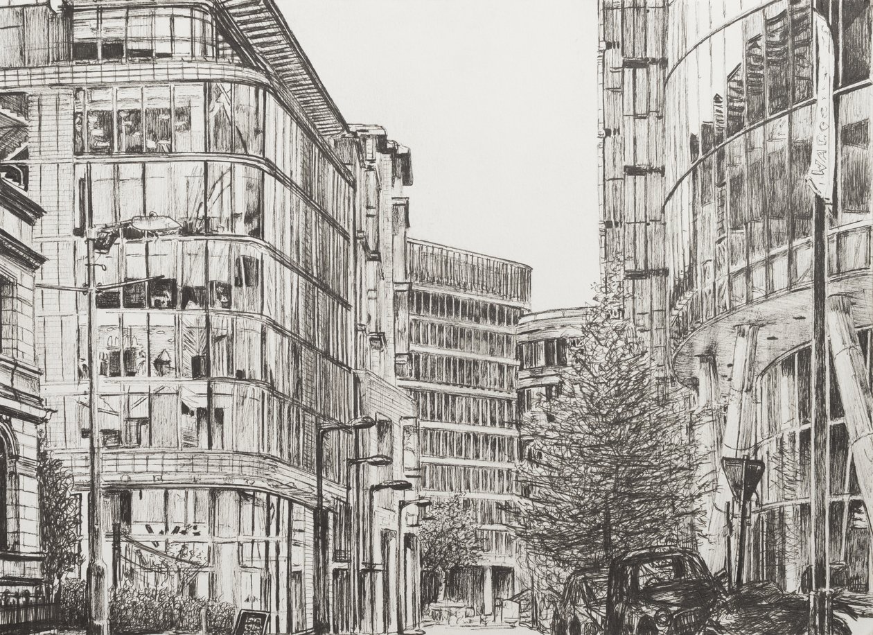 Manchester, Deansgate, utsikt från café, 2010, (Bläck på papper) av Vincent Alexander Booth