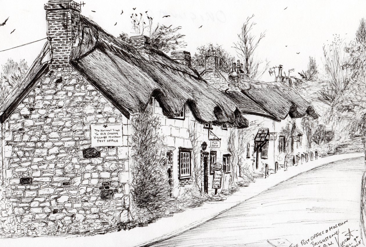 Postkontor och museum Brighstone I.O.W., 2008, (bläck på papper) av Vincent Alexander Booth